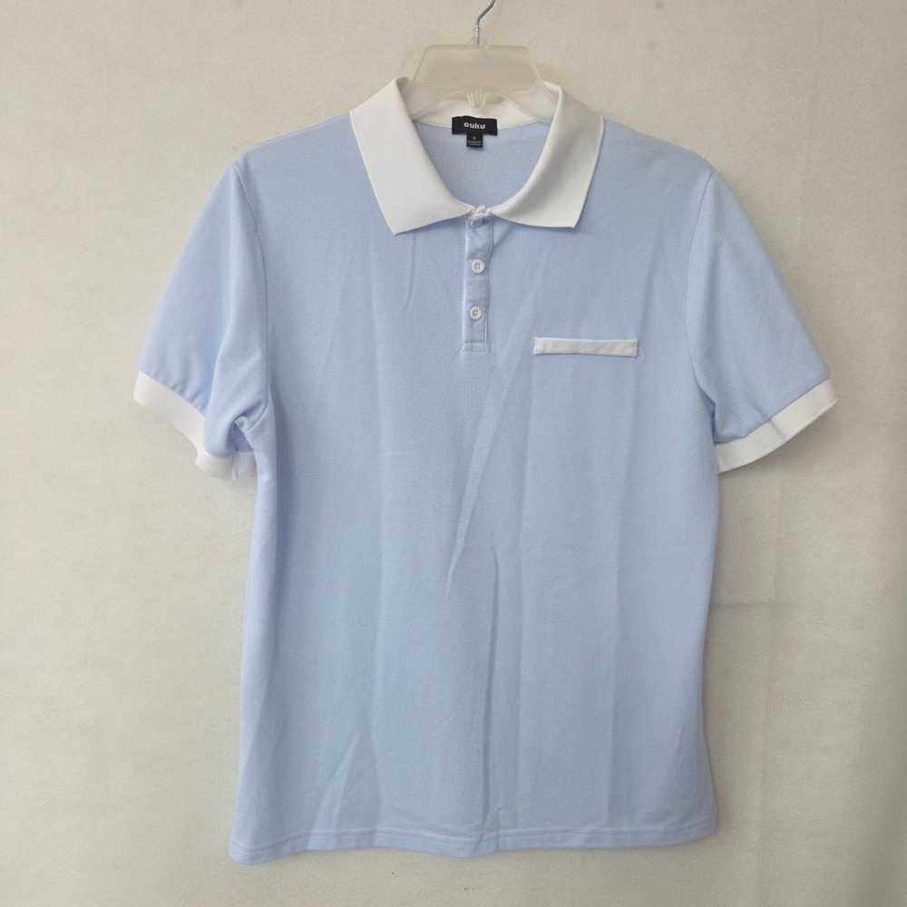Ouku‎ Mens Light Blue Contrast Collar Polo Shirt Short Sleeve Medium Pique Knit